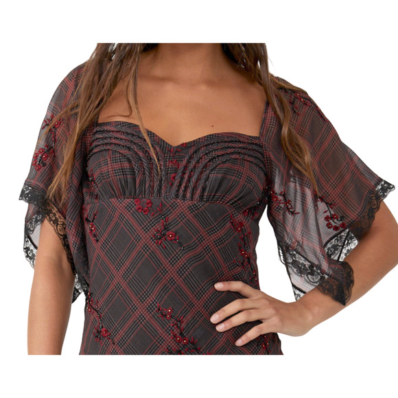 NEW FREE PEOPLE PLAID FALLEN FLOWERS MIDI DRESS SIZE 0 - Picture 7 of 14